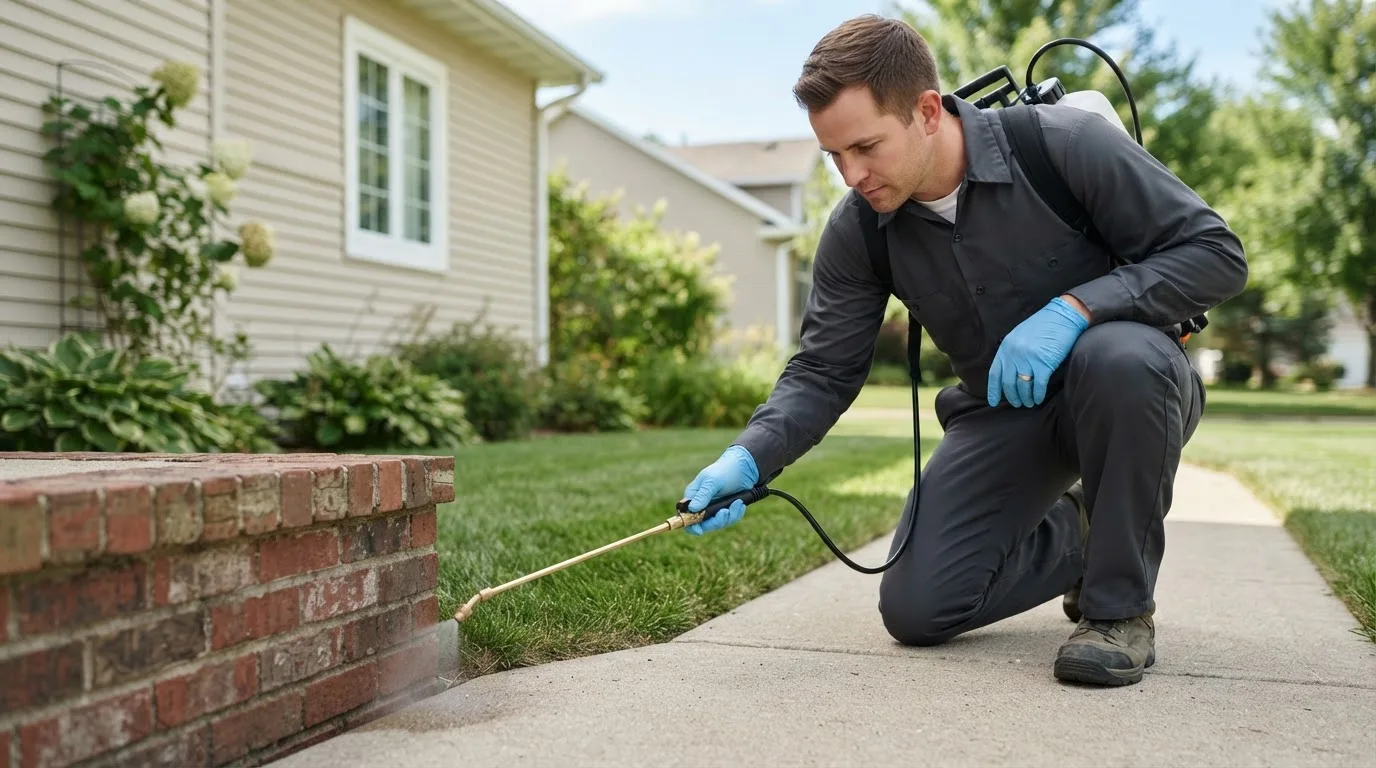 Pest control technician treating a home near Scarville, IA