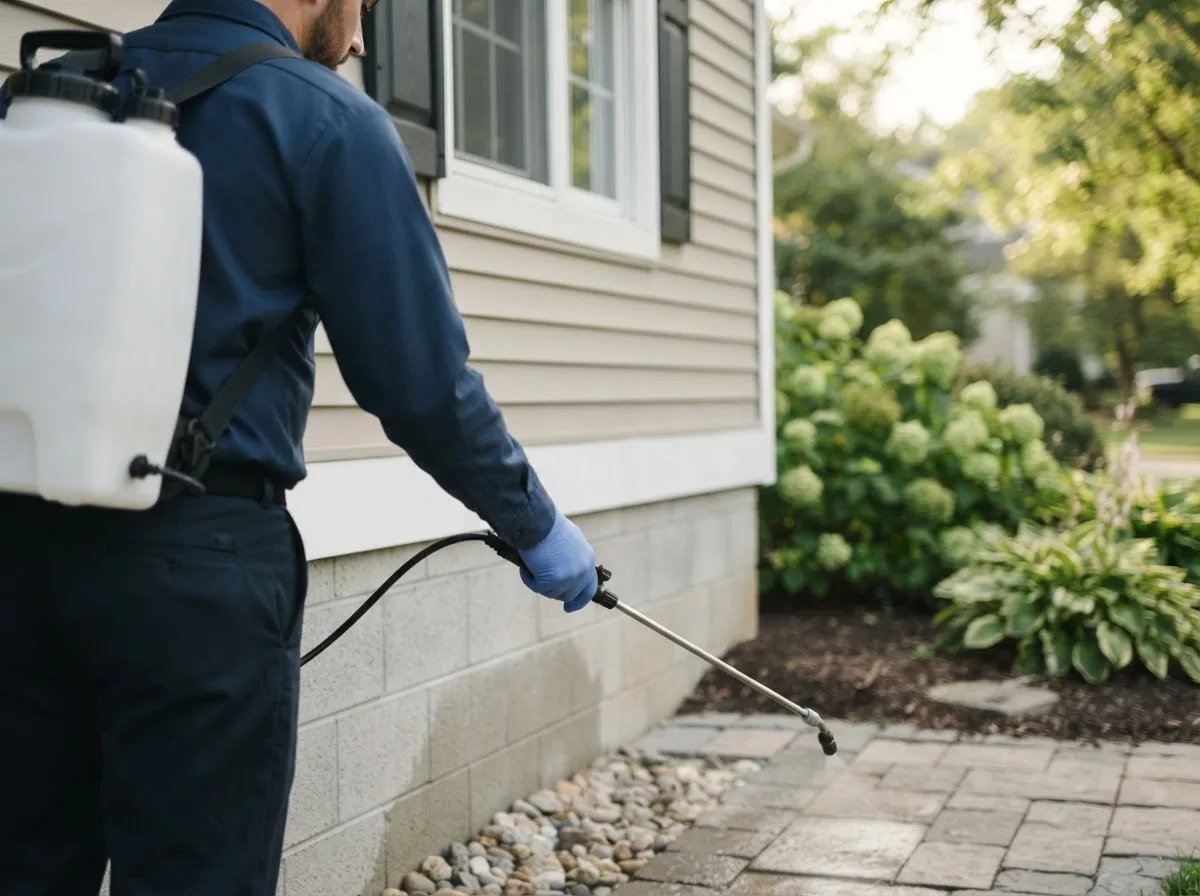 Pest control technician inspecting a home in Scarville, IA